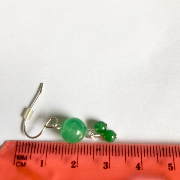 Green Jade Stone Earrings Silver Plated Dangle Round Bead Malaysian Light 2-6mm - Picture 9 of 9